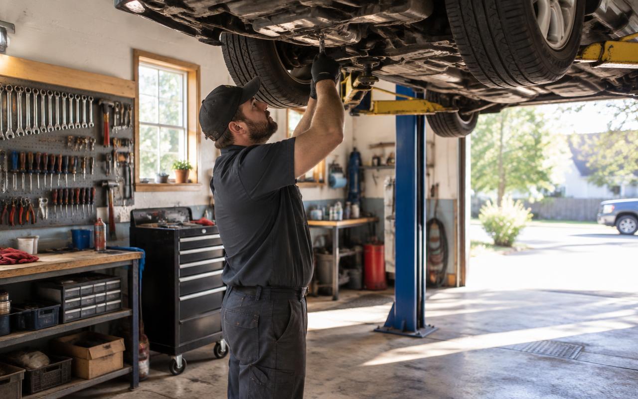 Mechanic working in an independent auto repair shop service bay