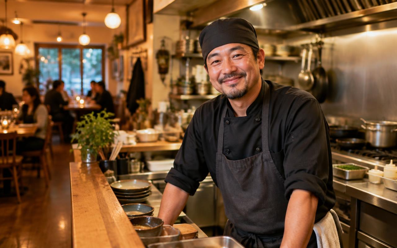Restaurant owner in the kitchen of a local neighborhood restaurant